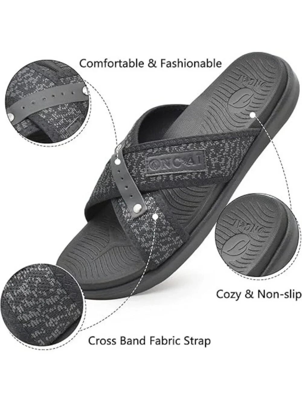 Oncai Mens Size 14 Sandals Slide Cross Band Fabric Leather Arch Support Slippers